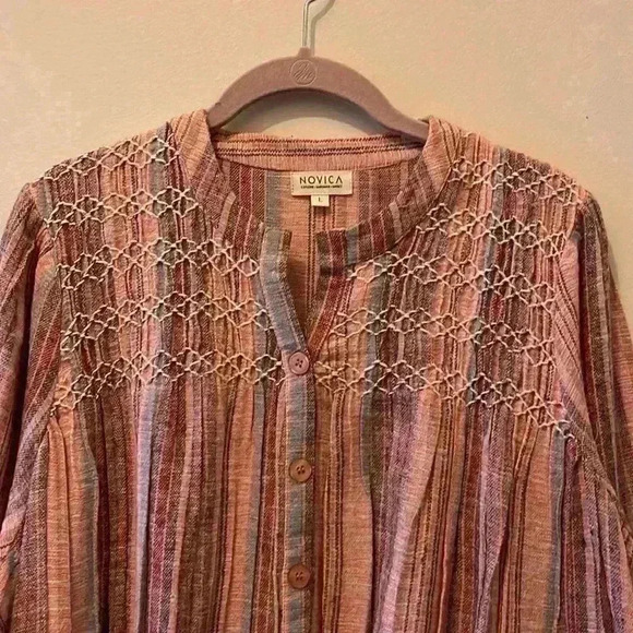 Novica Striped Embroidered Cotton A-Line Dress SZ Large - Picture 4 of 6